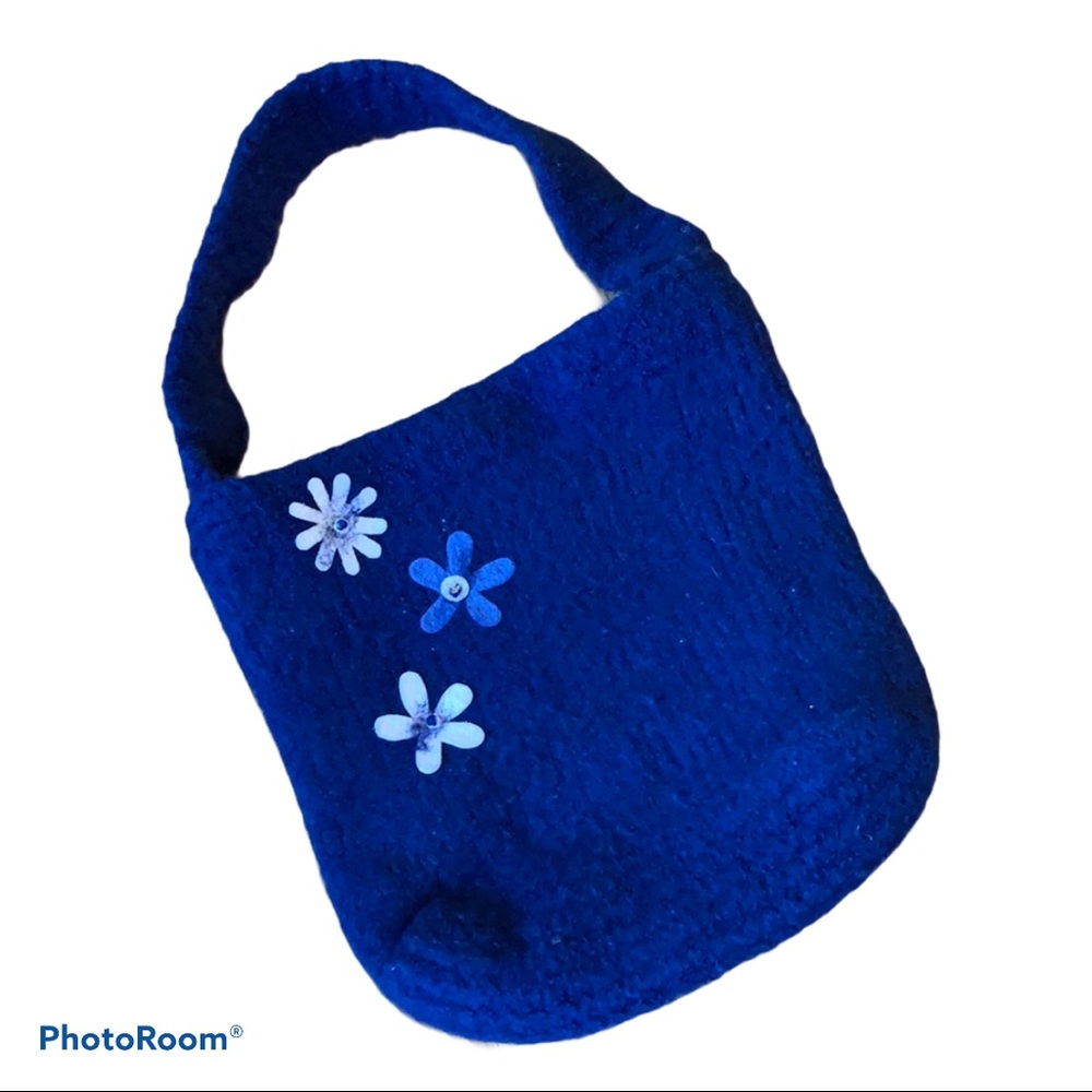 Felted Blue Flower Satin Lined Tote Purse